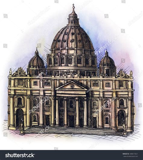 the watercolor hand drawn of St. Peter's Basilica in Rome Royalty free ...