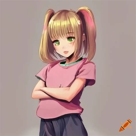 Anime Girl With Green Eyes And Blonde Hair In A Pink Sleeveless T Shirt On Craiyon