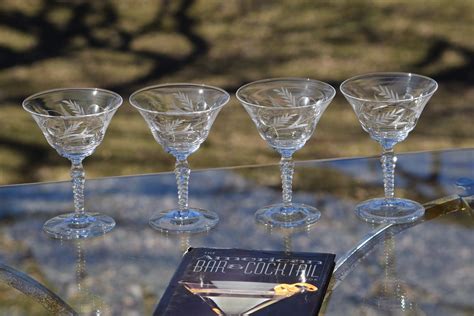 Vintage Etched Cocktail Martini Glasses Set Of 4 Unique Twisted Stem Martini Glasses Wedding