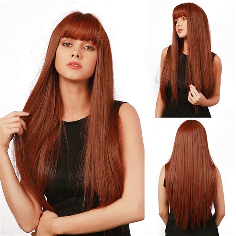 Womens Silky Straight Long Auburn Wig With Bangs Ombre Synthetic Wig