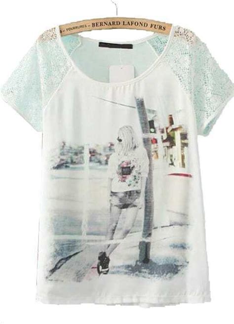 White Contrast Lace Short Sleeve Beauty Print T Shirt Shein Sheinside