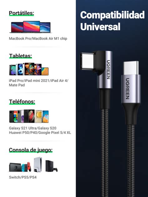 Cable De Carga Rápida De 60w Pd Usb Tipo C A Tipo C Con Angulo De 90° Ugreen Us225 Ugreen Colombia