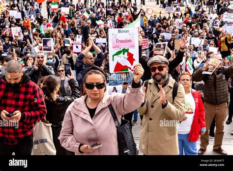 Demonstrators Hold Iranian Flags Old Persian Version And Placards