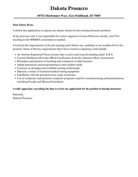 Nursing Instructor Cover Letter Velvet Jobs