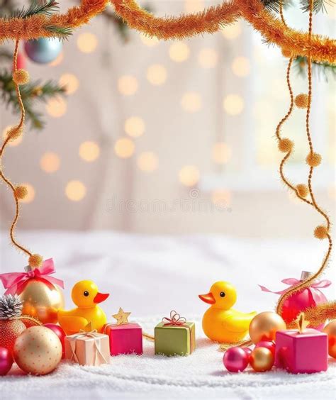 Two Yellow Rubber Ducks Surrounded By Christmas Ornaments And Gifts In