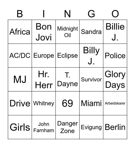 80's Musikkbingo Card