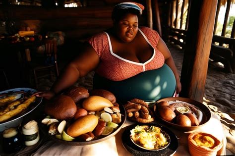 Premium AI Image Dark Skinned Plus Size Girl And A Lot Of Food Neural