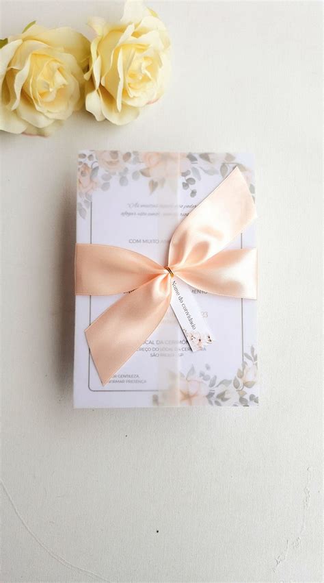 Convite Casamento Vegetal Fita de Cetim Nude e Mini Aliança