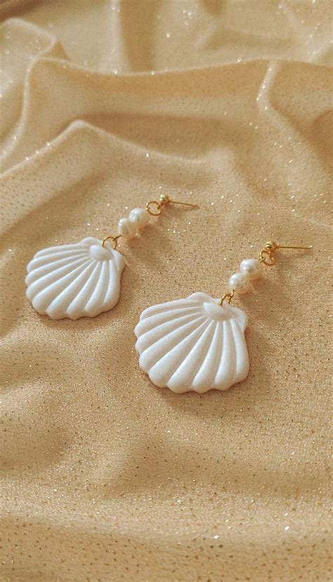 Seashell Earrings With Freshwater Pearls Polymer Clay Shell Earrings