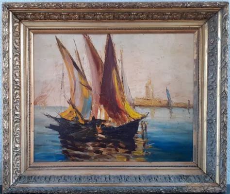 ANCIEN TABLEAU HUILE sur carton paysage marine voiliers à ST TROPEZ EUR