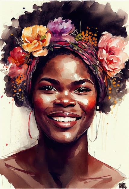 Retrato Em Aquarela Da Linda Mulher Negra Sonhadora Sorridente