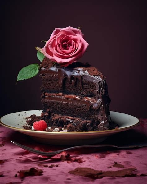 Un Trozo De Pastel De Chocolate Con Una Rosa Encima Vector Premium