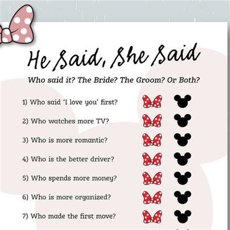 He Said She Said Bridal Shower Game Disney Themed Bridal Etsy