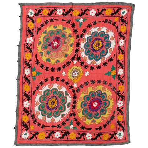 Floral Patterned Asian Suzani Textile Embroidered Cotton And Silk Wall