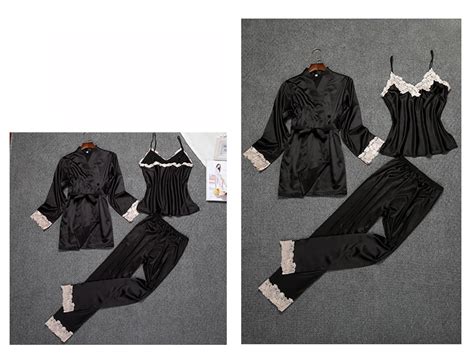 Ladies Sexy Silk Satin Pajama Set Lace Sleepwear Set Fashion Home Clothing V Neck Nightwear Bathrobe