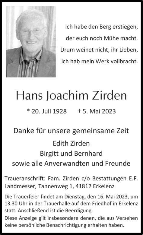 Traueranzeigen Von Hans Joachim Zirden Aachen Gedenkt