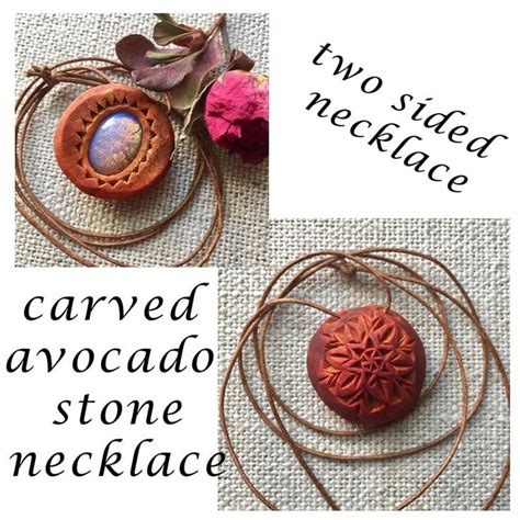 Double Sided Carved Avocado Stone Pendant Necklace With Faux Etsy