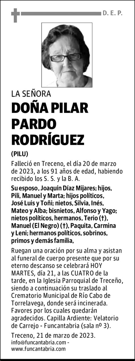 Do A Pilar Pardo Rodr Guez Esquela Necrol Gica El Diario Monta S