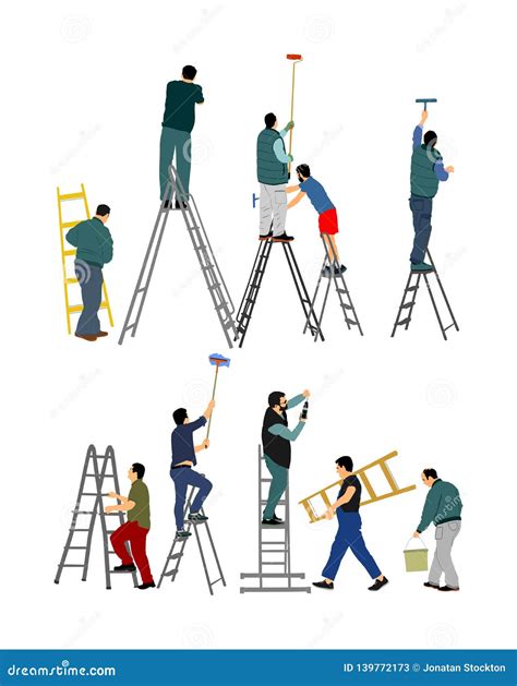 Painter Workers On Ladder Vector Illustration Isolated On White