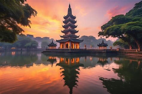 Premium Photo Hanoi Buddhist Pagoda On West Lake Colorful Sunset