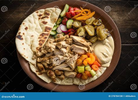 Plate Of Chicken Shawarma Topped With Pickled Veggies And Hummus Stock