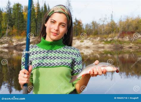 Beautiful Girl At The Autumn Fishing Stock Photo Image Of Mansiysk Brunette