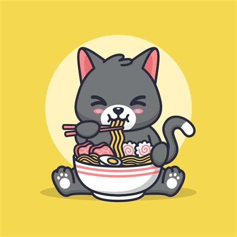 El gato come ramen linda ilustración Vector Premium