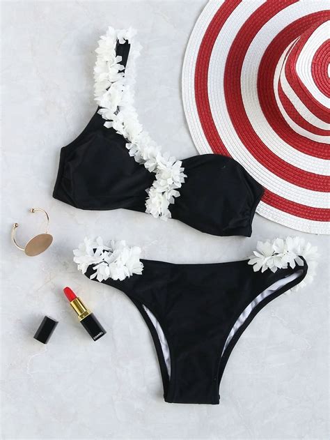 Contrast Flower Embellished One Shoulder Bikini Setfor Women Romwe