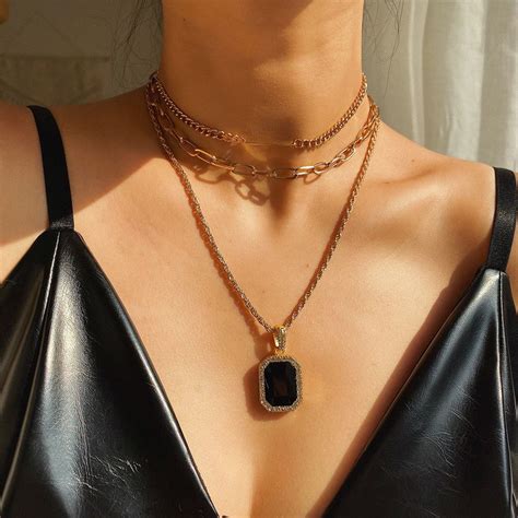 Fashionable Black Gem Pendant Geometric Multi Layer Womens Necklaces