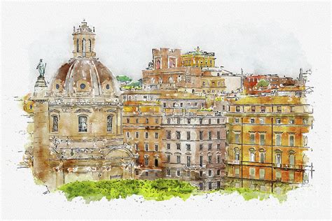 Aquarelle sketch art. Aerial scenic view of Rome, Italy. Scenery of ...