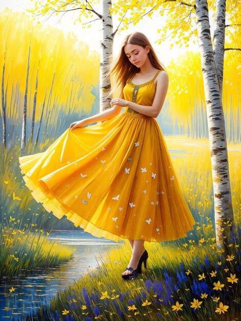 Premium AI Image | Woman in the summer forestBright long yellow dress butterfliesLong white ...