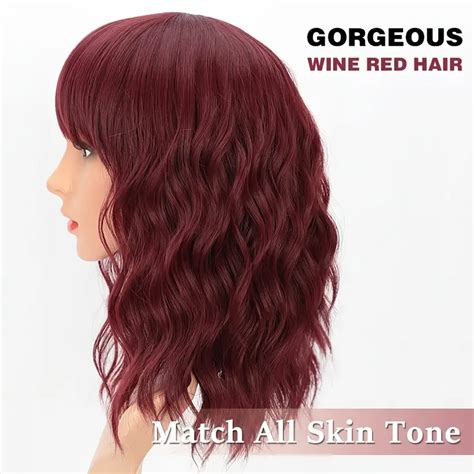 Wine Red Synthetic Curly Bob Wig Bangs Short Wavy Hair Wig Temu