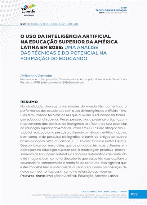 Pdf O Uso Da Intelig Ncia Artificial Na Educa O Superior Da Am Rica