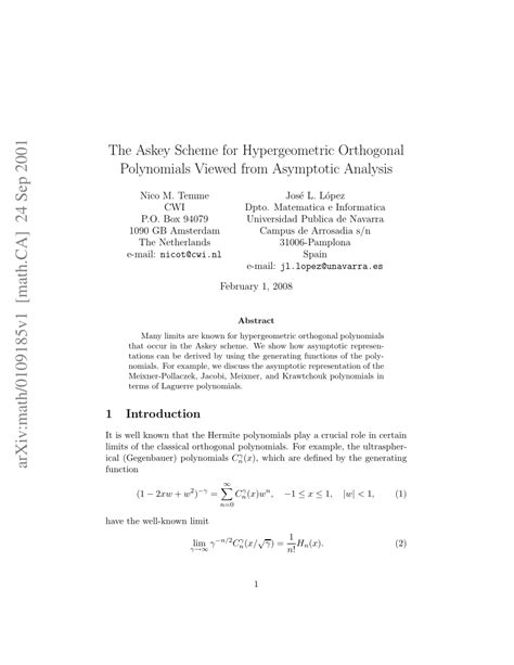 Pdf The Askey Scheme For Hypergeometric Orthogonal Polynomials Viewed From Asymptotic Analysis