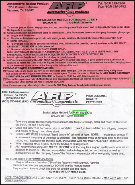 Arp Head Bolt Torque Specs