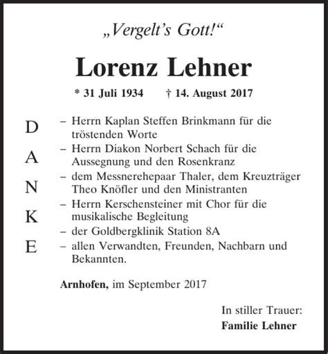 Traueranzeigen Von Lorenz Lehner Mittelbayerische Trauer