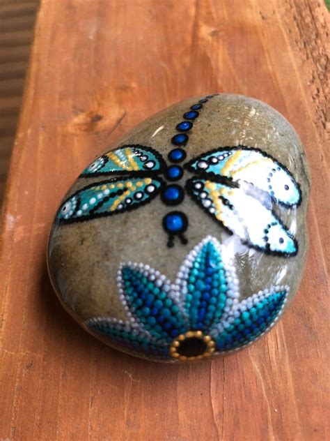 Blue Dragonfly And Flower Dot Painted On Rock Etsy Dot Art Painting