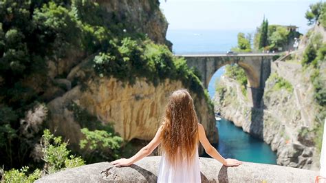 Famous fiordo di furore beach seen from bridge. 19967867 Stock Video at Vecteezy