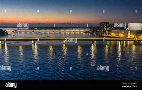 Aerial view of night city. Twilight aerial cityscape Stock Photo - Alamy