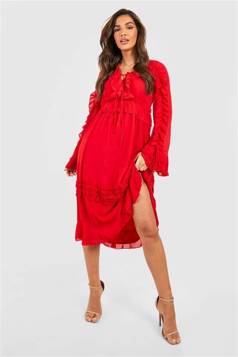 Ruffle Tie Detail Smock Midi Dress Boohoo Uk