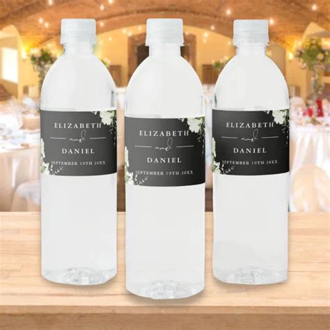 Elegant Greenery Floral Black And White Wedding Water Bottle Label Zazzle