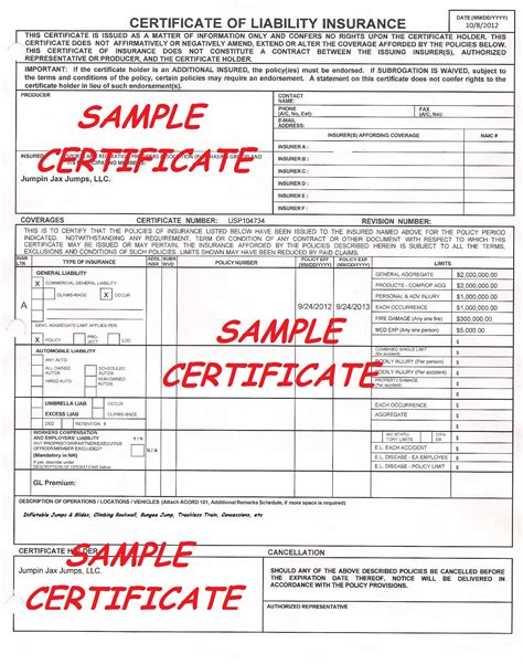 Certificate Of Insurance Template