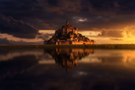 4K 5K Le Mont Saint Michel France Coast Fortress Castles Clouds