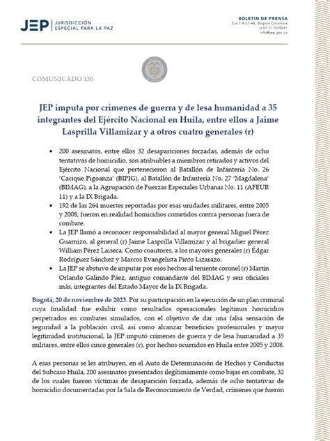 Comunicado 130 Jep Imputa Por Crímenes De Guerra Y De Lesa Humanidad