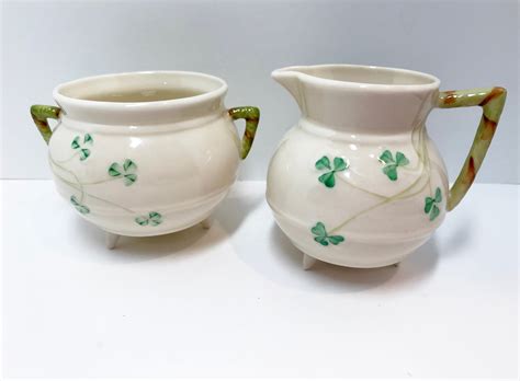 Belleek Sugar Bowl And Creamer Shamrock Ware Set Belleek Cream And