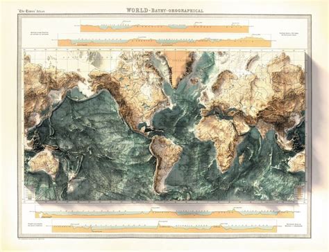 The World Map Bathmetry And Orographical Vintage Map Etsy