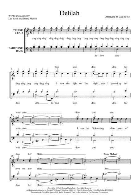 Delilah Arr Zac Booles By Tom Jones Sheet Music For Ttbb Choir At Sheet Music Direct