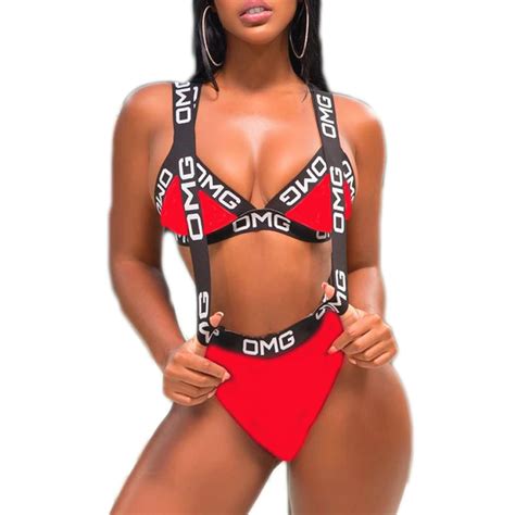 2019 Women Swimsuit Push Up Bikini Swimwear Bathing OMG Letter Print