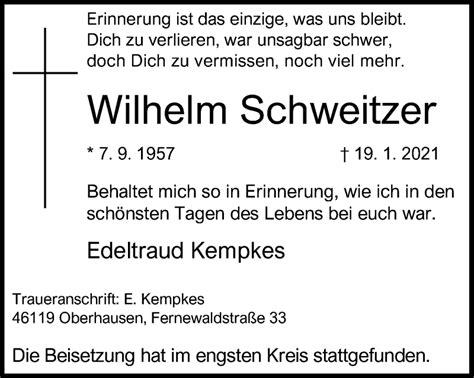 Traueranzeigen Von Wilhelm Schweitzer Trauer In Nrw De