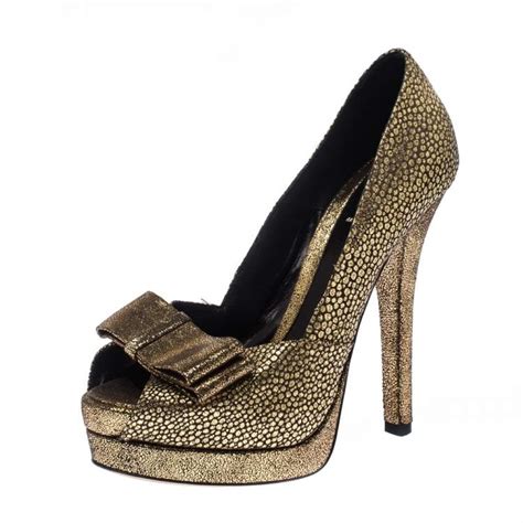 Fendi Metallic Gold Brocade Fabric Deco Peep Toe Bow Platform Pumps